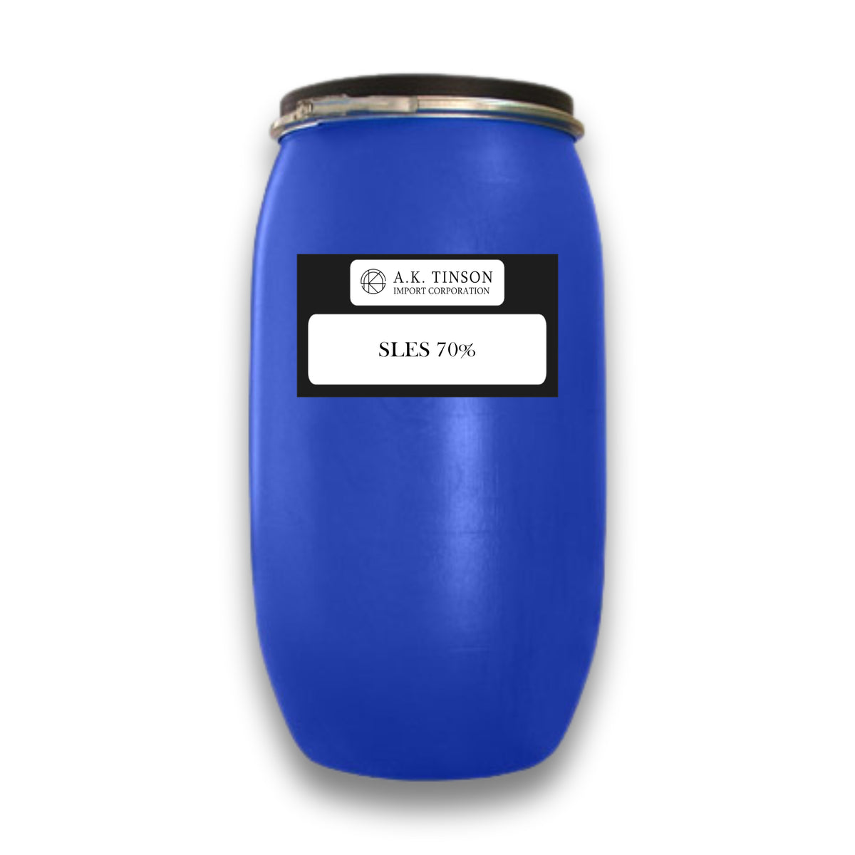 A large blue plastic barrel with a black lid and a white label reading 'A.K. TINSON CHEMICAL CORPORATION' and 'SLES 70%'.