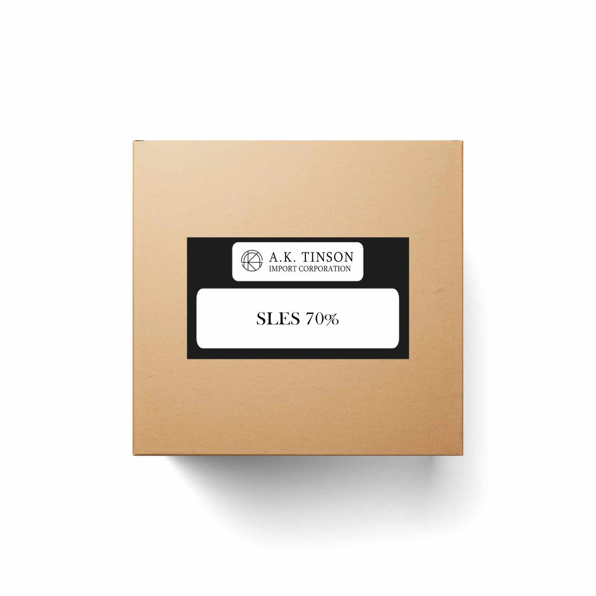 A square kraft paper box with a black and white label reading 'A.K. TINSON IMPORT CORPORATION' and 'SLES 70%;