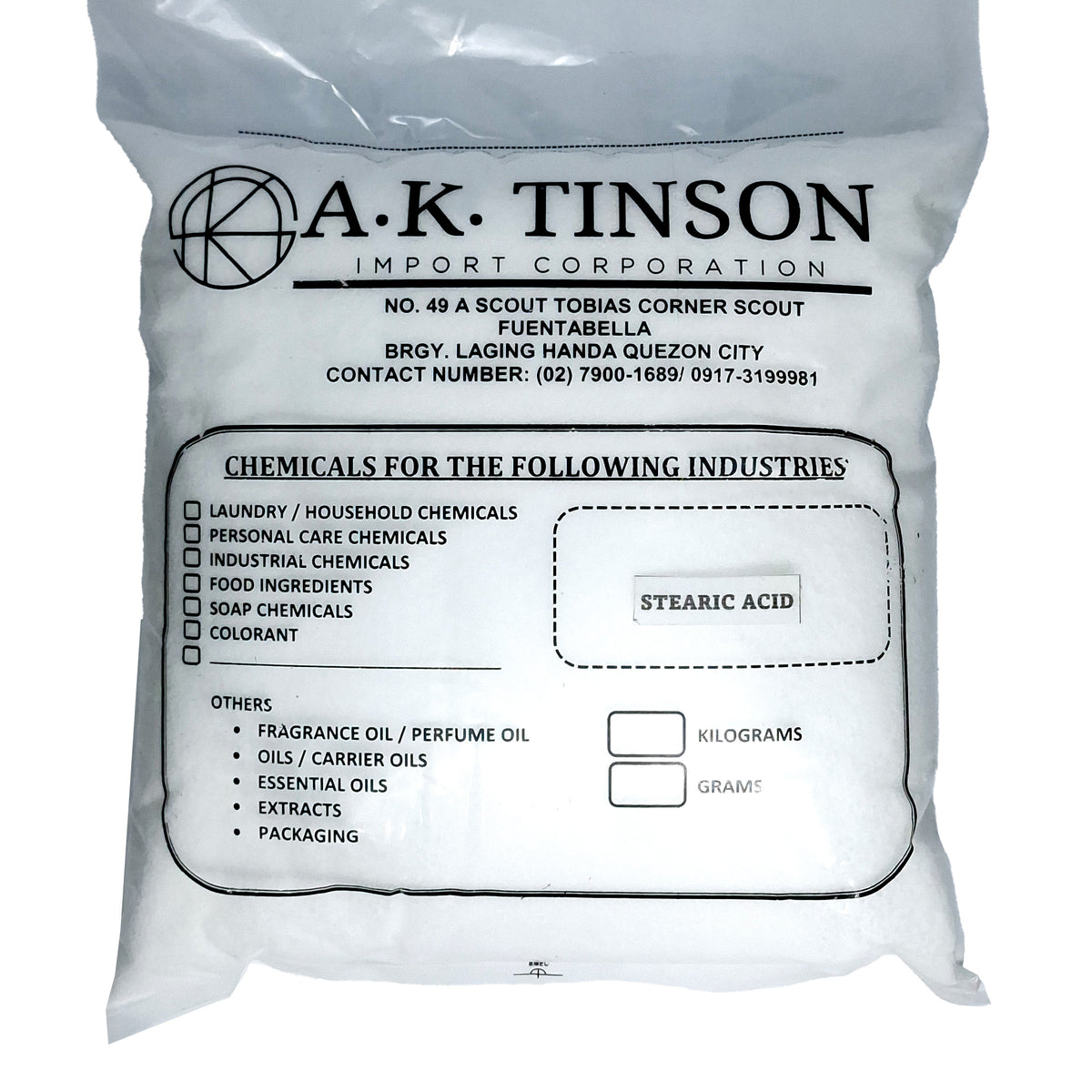 A white plastic bag of A.K. Tinson Import Corporation Stearic Acid, printed with black text and labels on a white background.